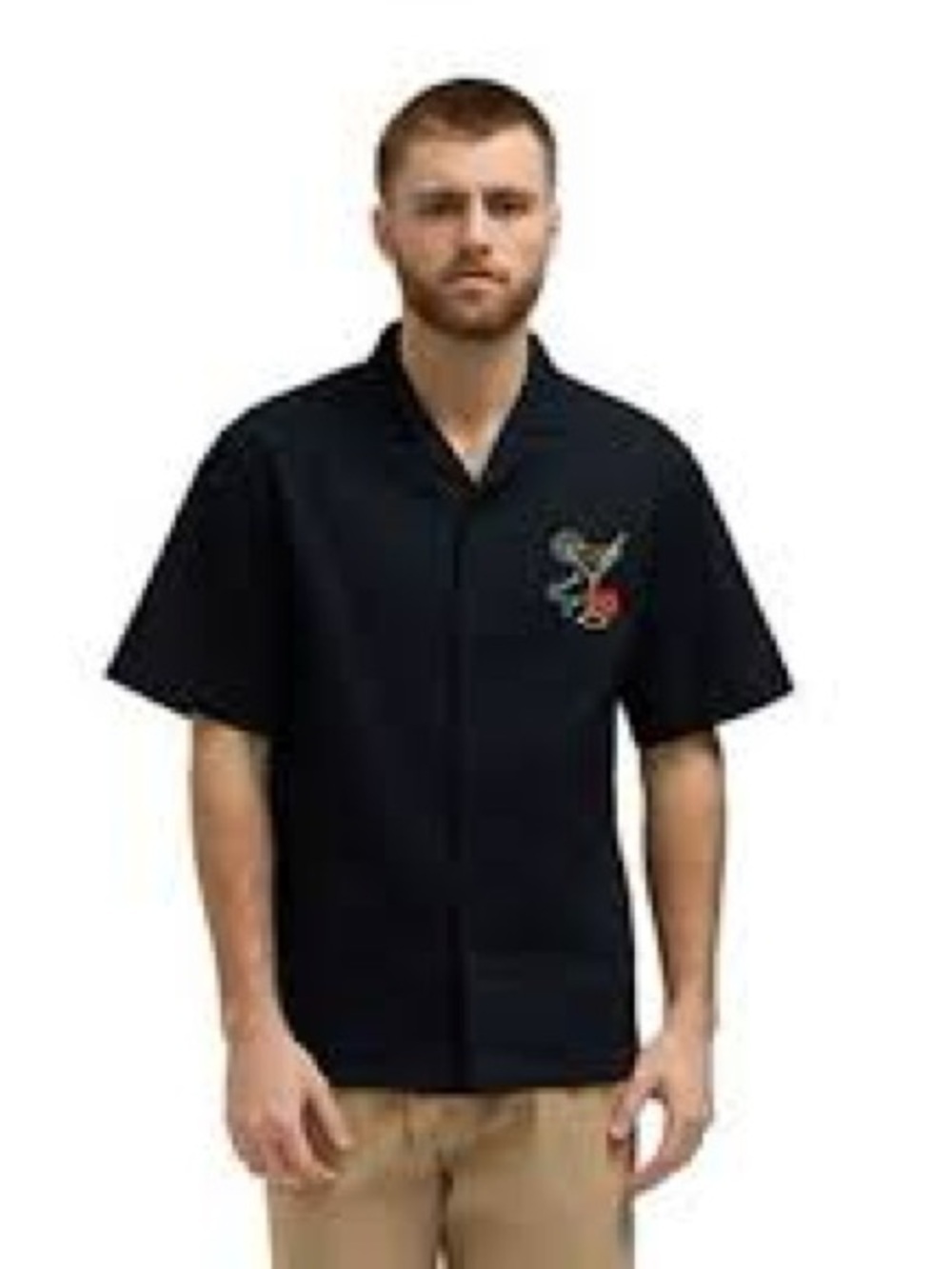 Matix Black Short-Sleeve Button-Down Camp Shirt with Chest Motif